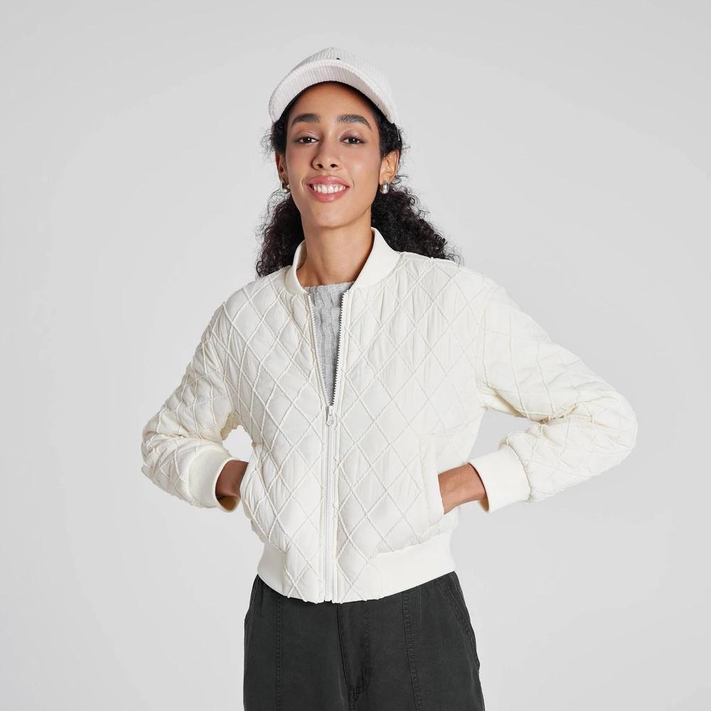 Women's Quilted Bomber Jacket - Wild Fable™ Cream 2X Product Image