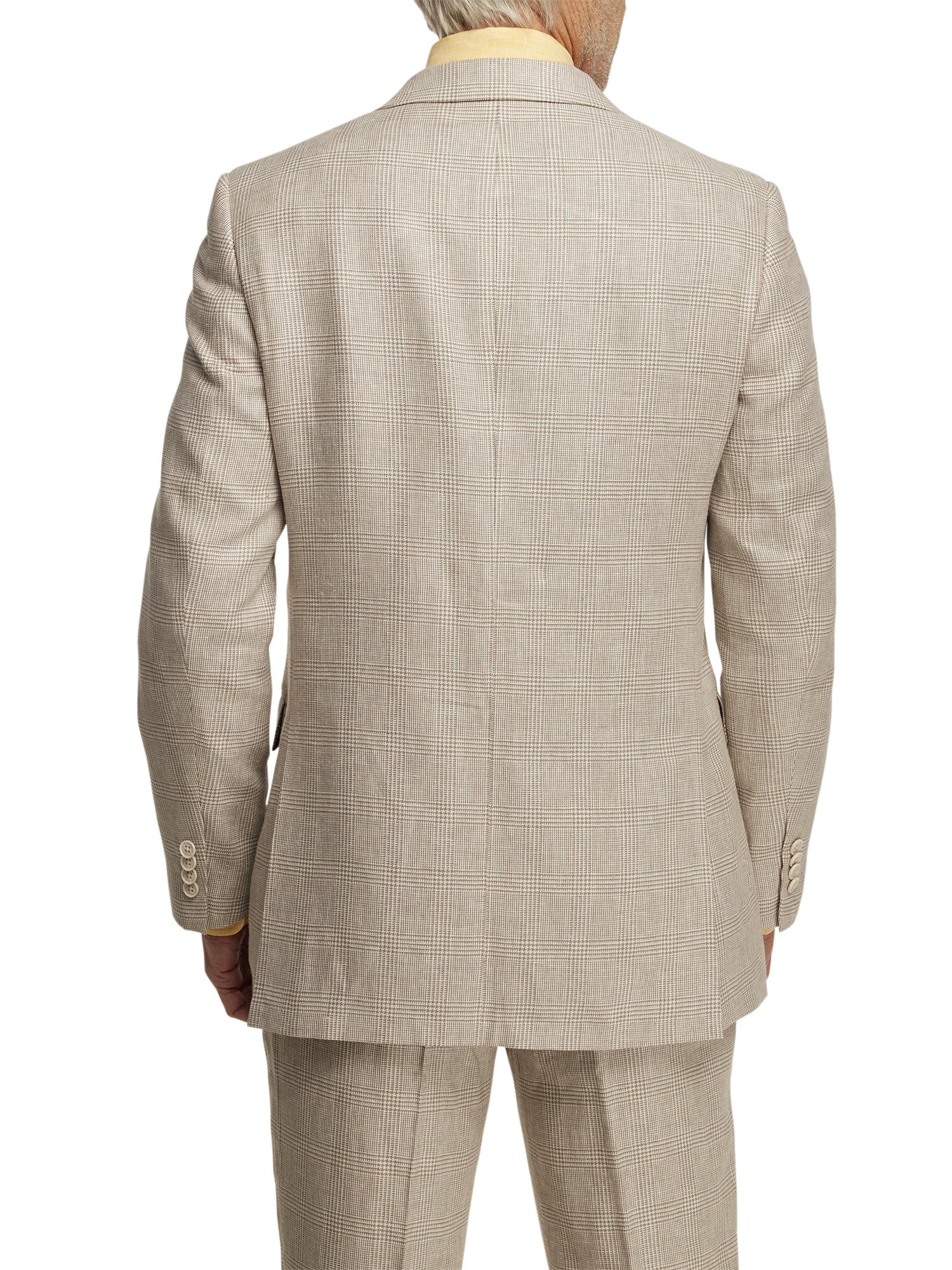 Linen Blend Plaid Double Breasted Peak Lapel Suit Jacket - Tan Product Image