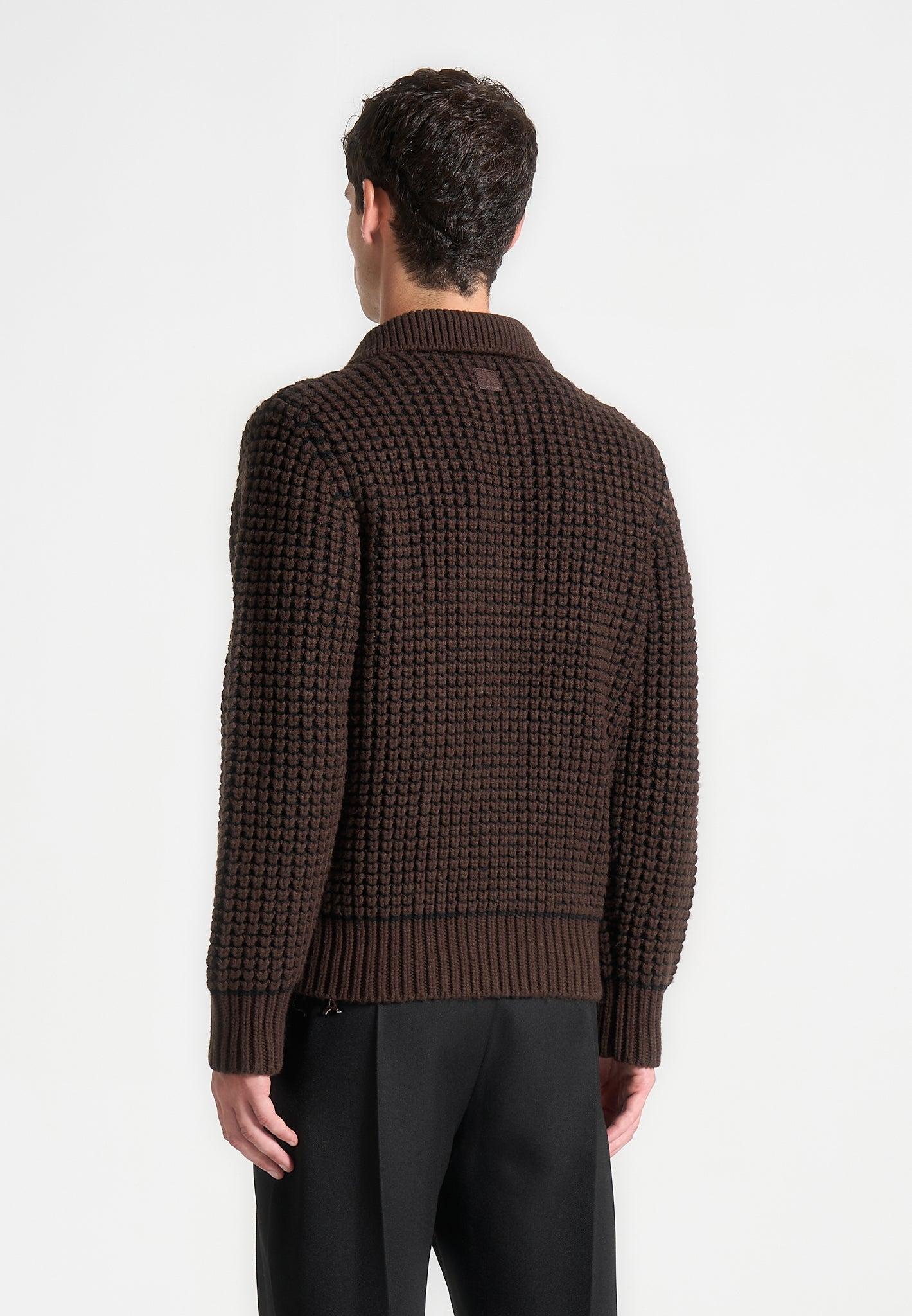 Textured Wool Knit Polo Jumper - Brown Male Product Image