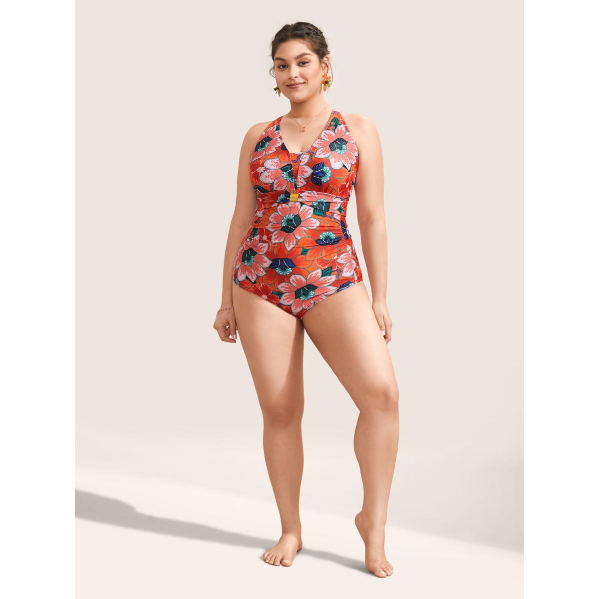Plus Size Floral Ruched Crisscross Buckle Detail One Piece Swimsuit Women's Swimwear Multicolor Beach Gathered Curve Bathing Suits High stretch One Pieces BloomChic 26/4X Product Image