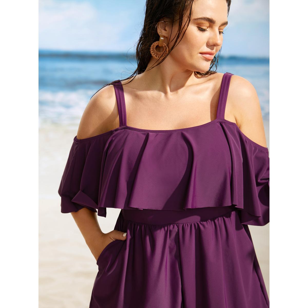 Plus Size Solid One Shoulder Neck Ruffle Trim One Piece Swimsuit Women's Swimwear Deeppurplered Beach Gathered Curve Bathing Suits High stretch One Pieces BloomChic 22-24/3X Product Image