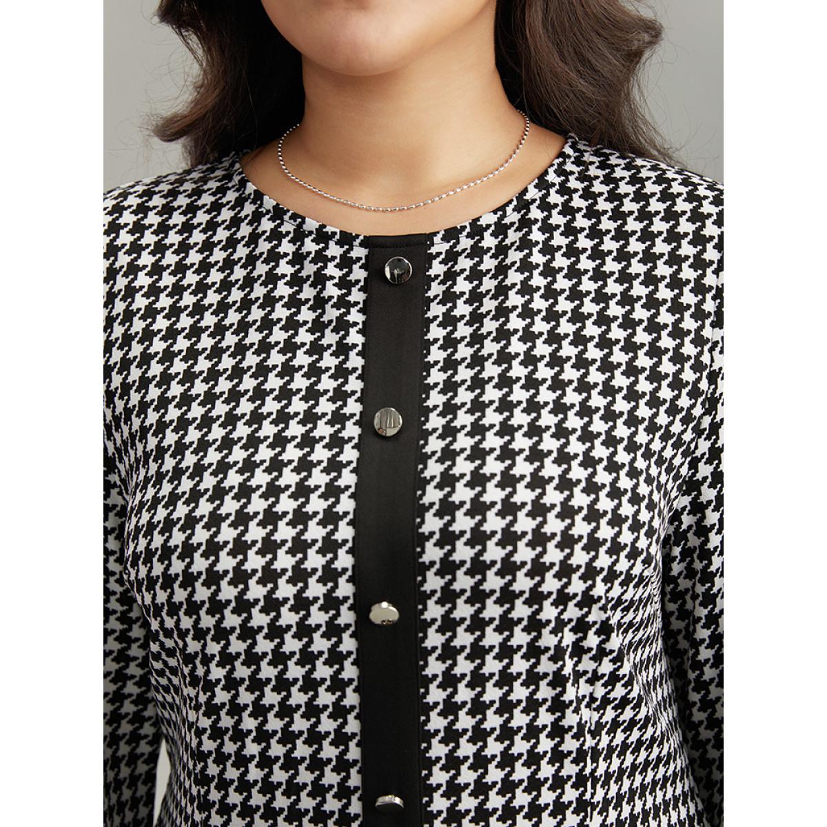 Plus Size :Houndstooth Pocket Button Detail Dress Black Women Office Contrast Round Neck Long Sleeve Curvy Midi Dress BloomChic 30/6X Product Image