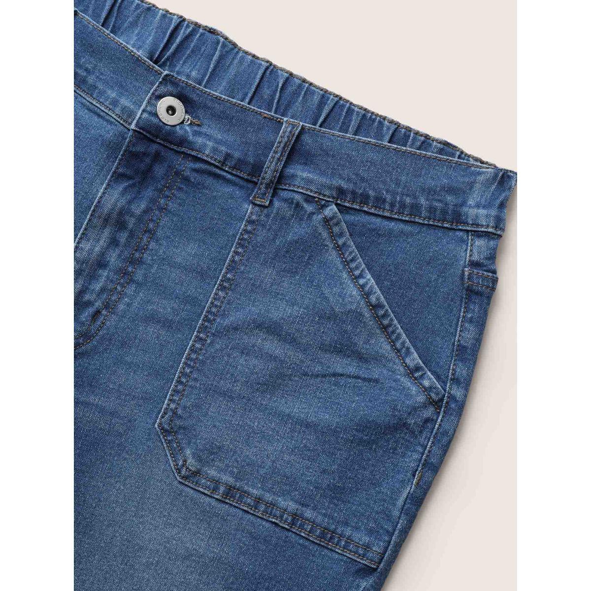 Plus Size Medium Wash Roll Hem Pull On Jegging Jeans Women Denimblue Casual Roll Hem Medium stretch Slanted pocket Jeans BloomChic 14/1X Product Image