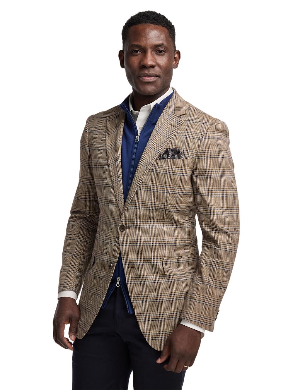 Microfiber Plaid Single Breasted Notch Lapel Sport Coat - Brown/navy Product Image