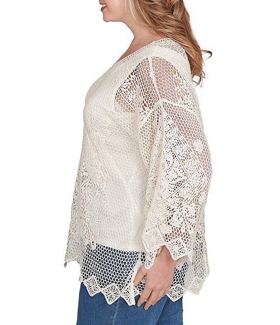 Ruby Rd. Plus Size Crochet Medallion Floral Pattern Scoop Neck 3/4 Wide Flared Sleeve Top Product Image