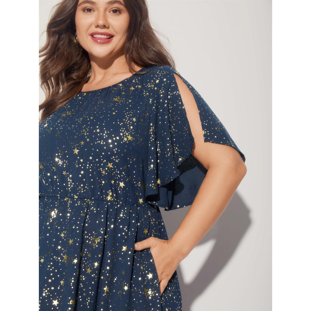 Plus Size Glitter Star Split Sleeve Midi Dress DarkBlue Women Timeless Gathered Round Neck Short sleeve Curvy BloomChic 18-20/2X Product Image