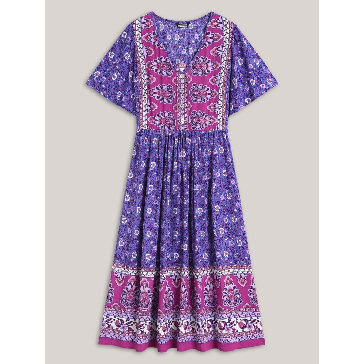 Plus Size Rayon Floral Print Color Contrast Midi Dress BlueViolet Women Boho V-neck Short sleeve Curvy BloomChic 10/M Product Image