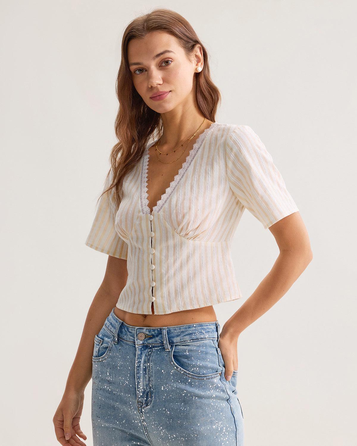 Yellow Striped Button Blouse Product Image