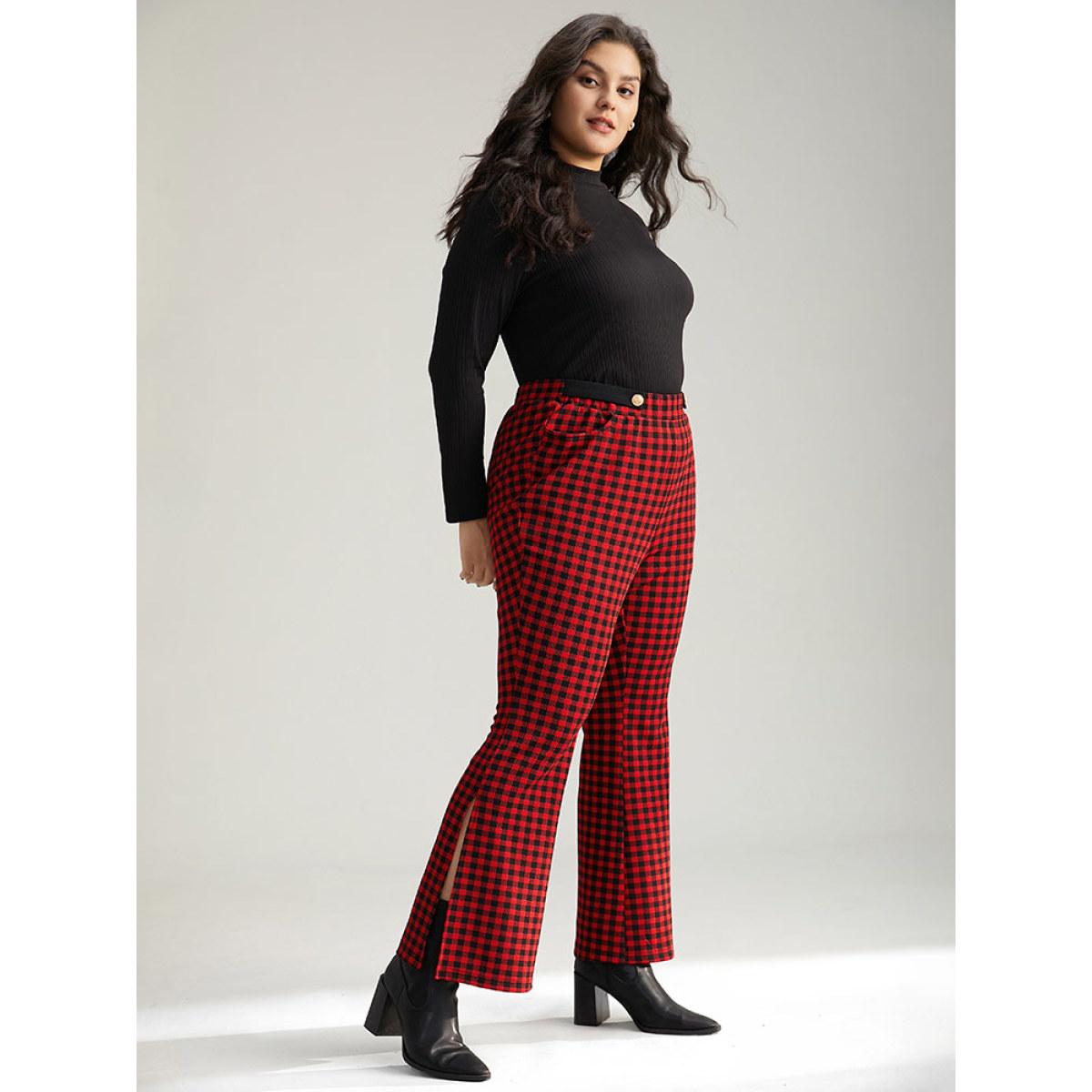 Plus Size Gingham Bootcut Split Hem Metal Detail Pants Women Raspberry Elegant Flare Leg High Rise Festival-Christmas Pants BloomChic 30/6X Product Image
