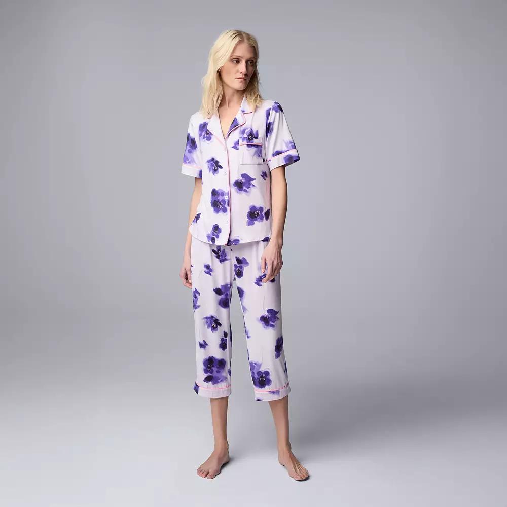 Women's Simply Vera Vera Wang 2-Piece Short Sleeve Notch Collar Pajama Top & Capri Pajama Bottoms Set, Size: Medium, Purple Floral Product Image