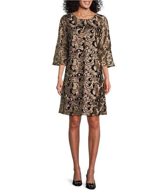Caroline Rose Bella Soiree Embroidered Mesh Lace 3/4 Bell Sleeve Shift Dress Product Image