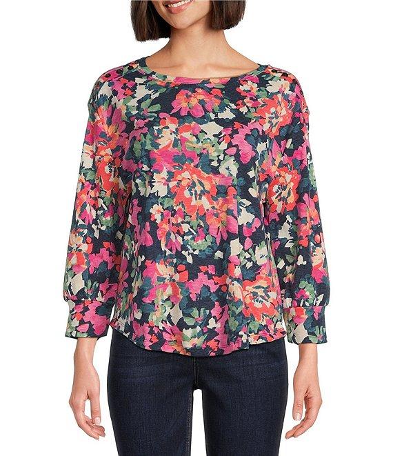 Westbound Floral Long Sleeve Crew Neck Button Shoulder Top Product Image