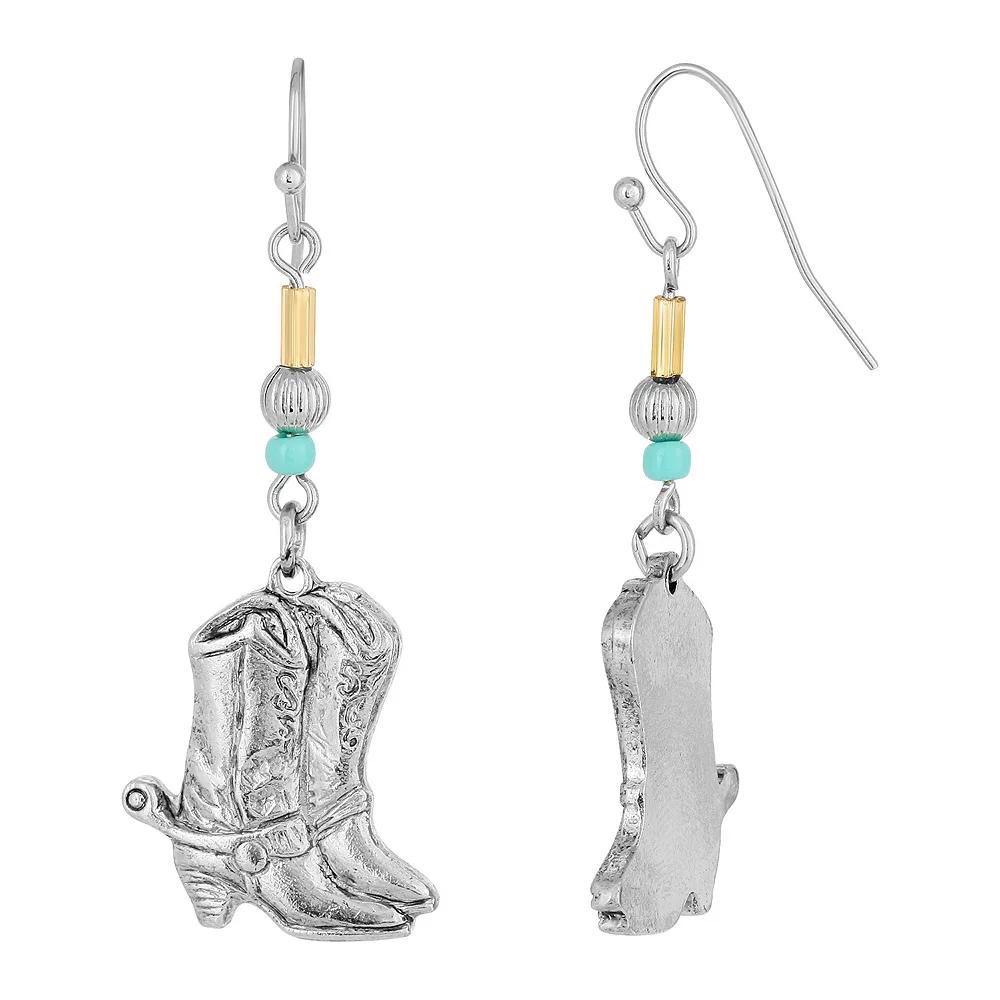 1928 Silver-Tone & Imitation Turquoise Accent Western Boots Drop Earrings, Womens Product Image