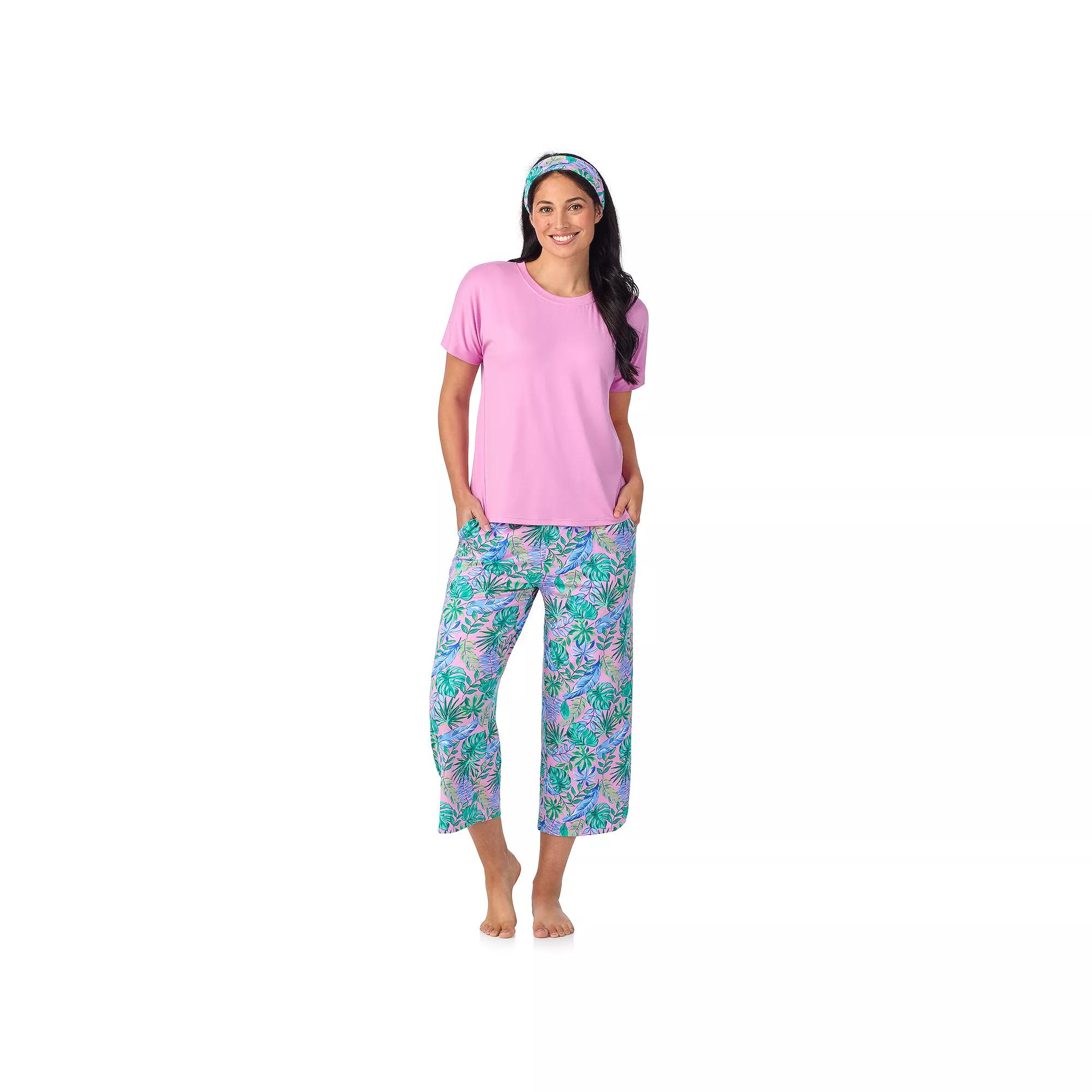 Women's Cuddl Duds® 2-pc. Pajama Crewneck Top & Pajama Capri Pants Set with Matching Headband, Size: XXL, Purple Mono Floral Product Image
