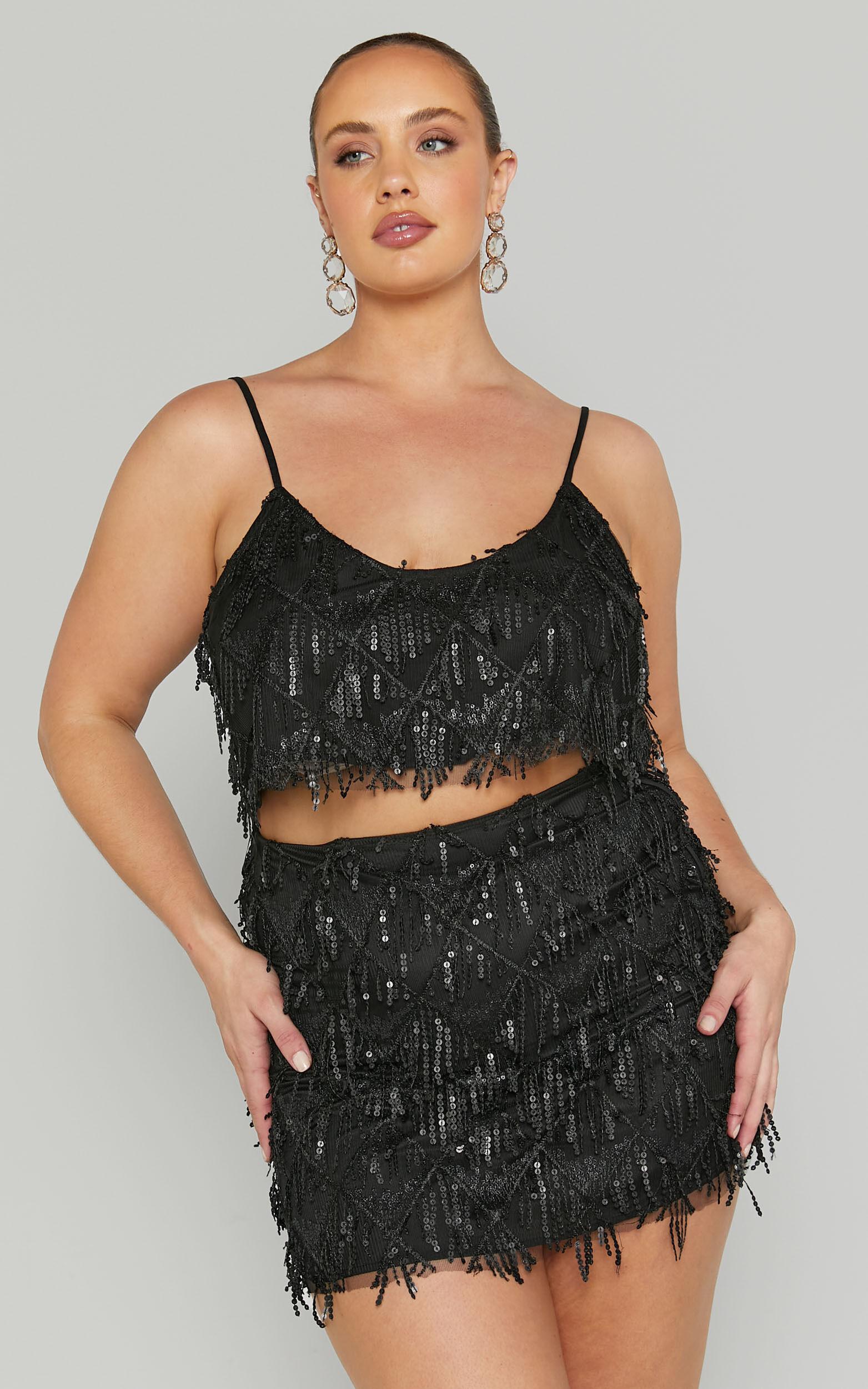 Khrizza Top - Sequin Diamond Mesh Cropped Cami Top in Black Product Image