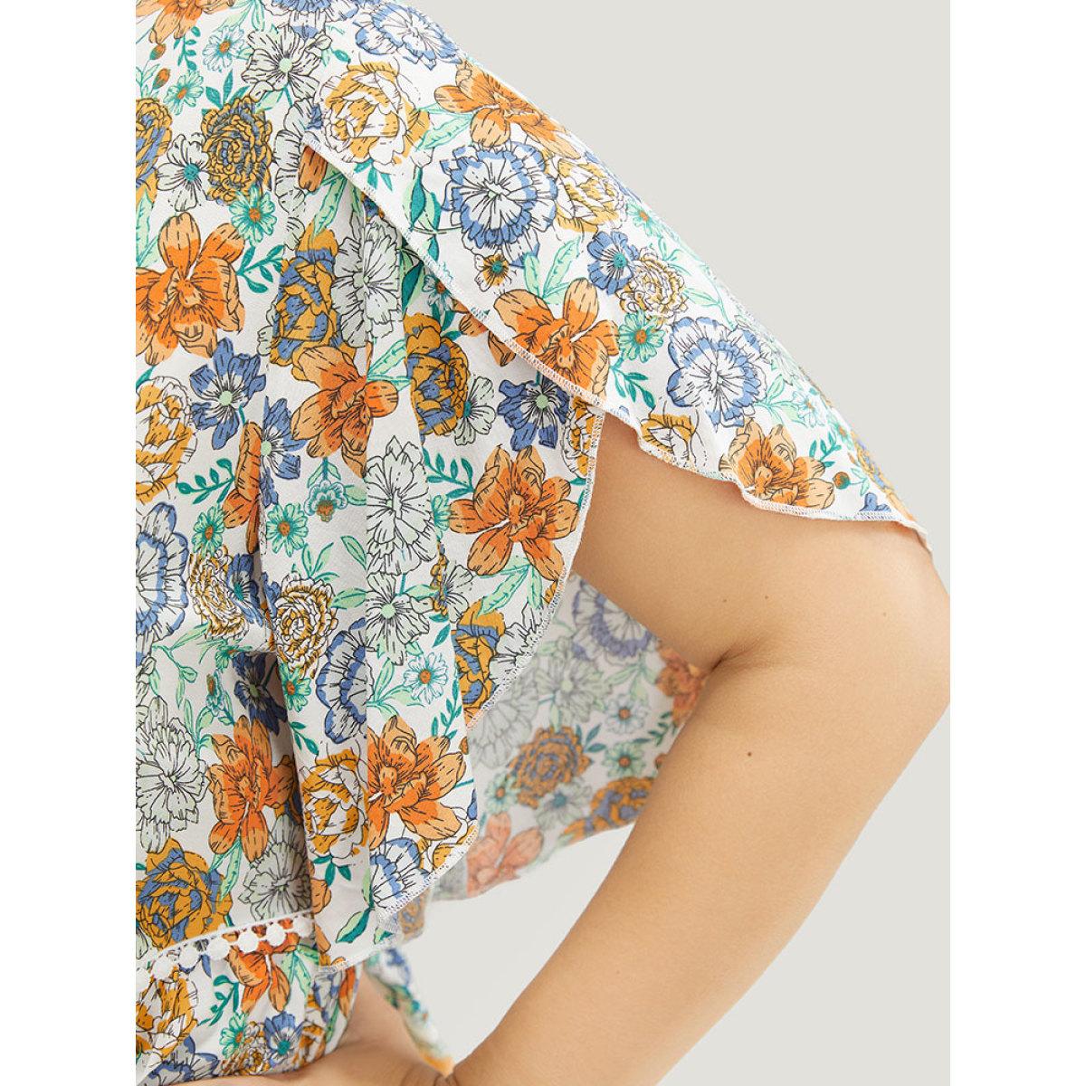 Plus Size Gold Bandana Print Petal Sleeve Tie Neck Pompom Trim Blouse Women Vacation Short sleeve Tie Neck Dailywear Blouses BloomChic 14-16/1X Product Image