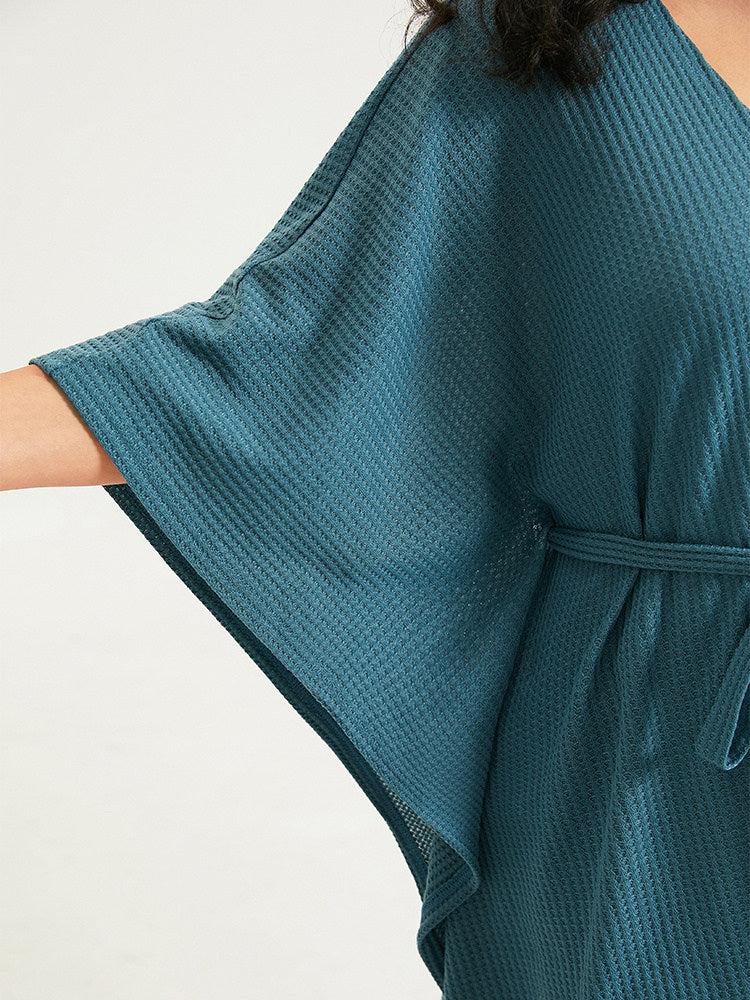 Solid Belted Dolman Sleeve Waffle Knit Coat Female Product Image