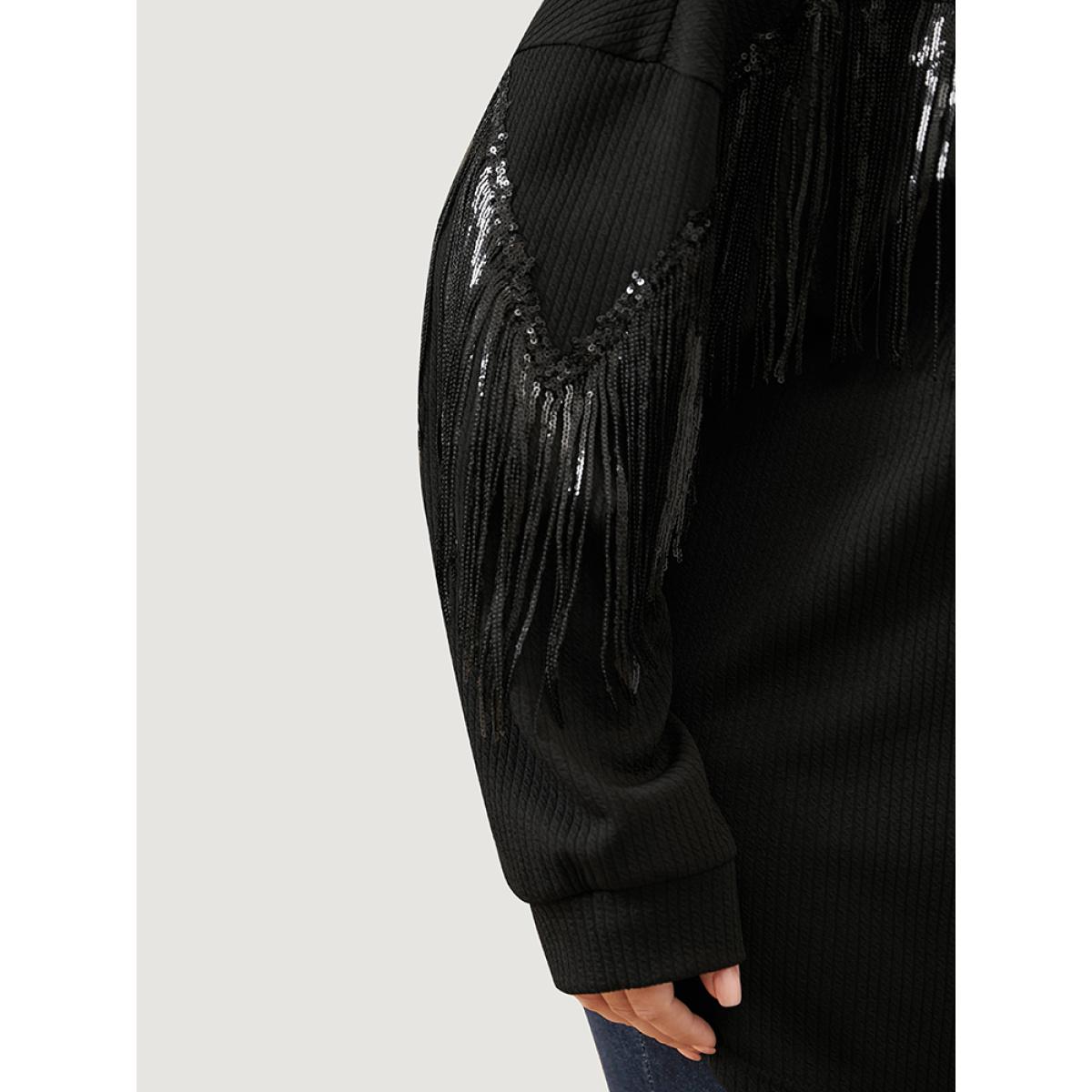 Plus Size Solid Fringe Trim Sequin Drop Shoulder Sweatshirt Women Black Party Patchwork Round Neck Going out Sweatshirts BloomChic 14-16/1X Product Image