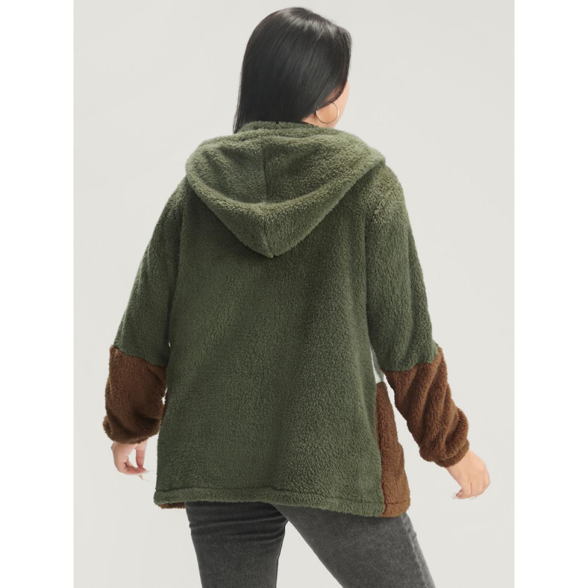 Plus Size Colorblock Contrast Pocket Zip Up Coat Women ArmyGreen Casual Contrast Ladies Dailywear Winter Coats BloomChic 18-20/2X Product Image