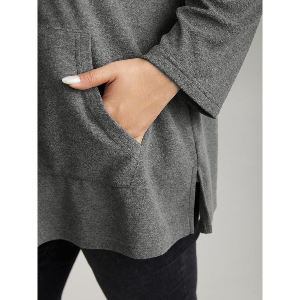 Plus Size Plain Split Side Pocket Hooded Drawstring Sweatshirt Women Gray Casual Plain Hooded Everyday Sweatshirts BloomChic 10/M Product Image