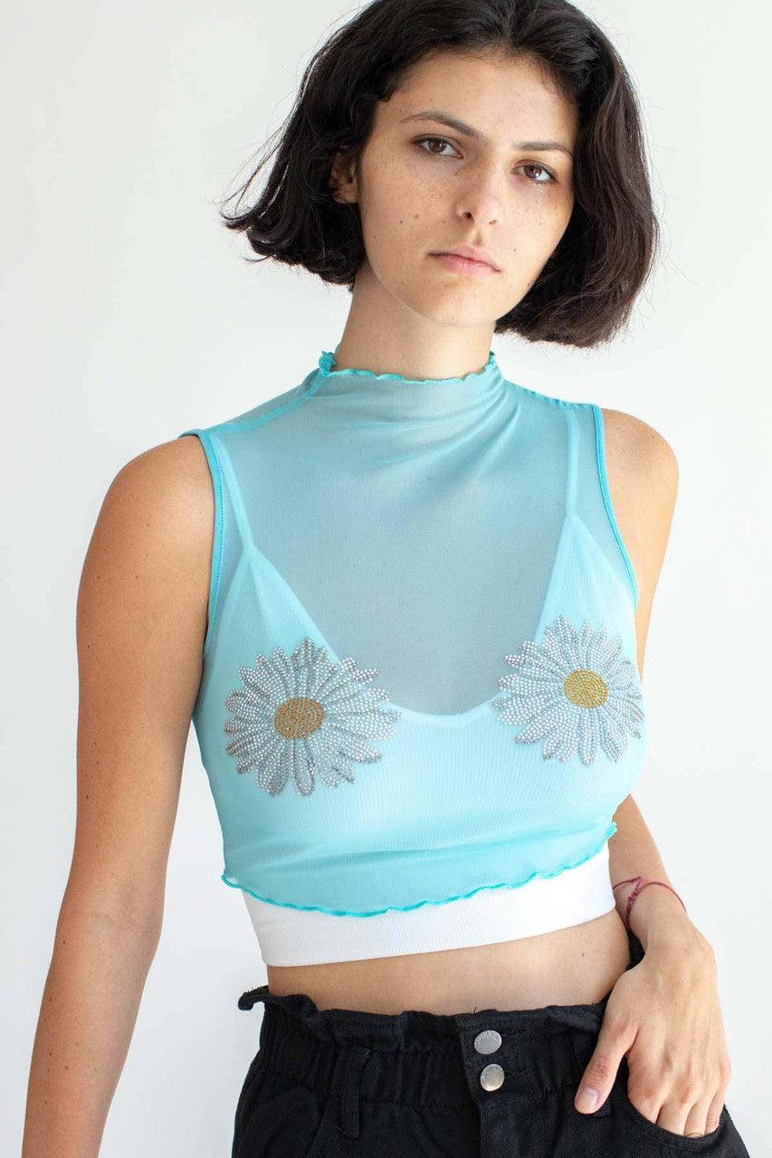 Blue Bedazzled Daisy Mesh Top Product Image
