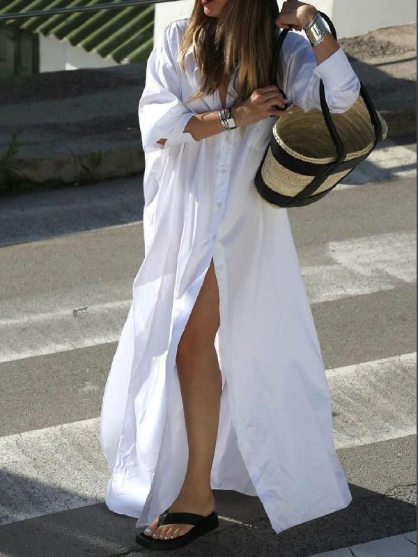 Long Sleeves Loose Buttoned Solid Color Split-Side Lapel Maxi Shirt Dress Product Image