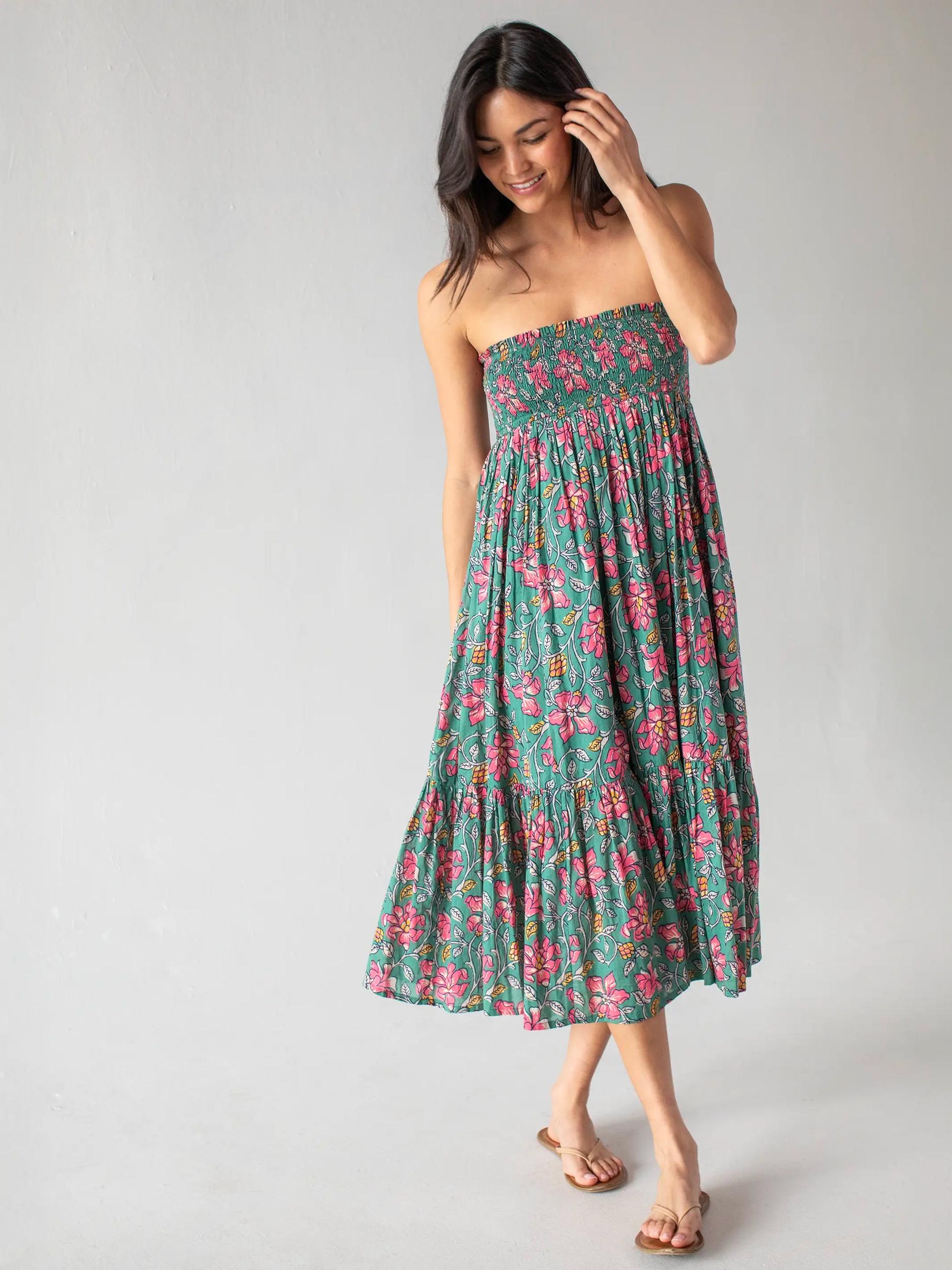 Flora Convertible Maxi Skirt - Teal Pink Lilies Cotton Product Image