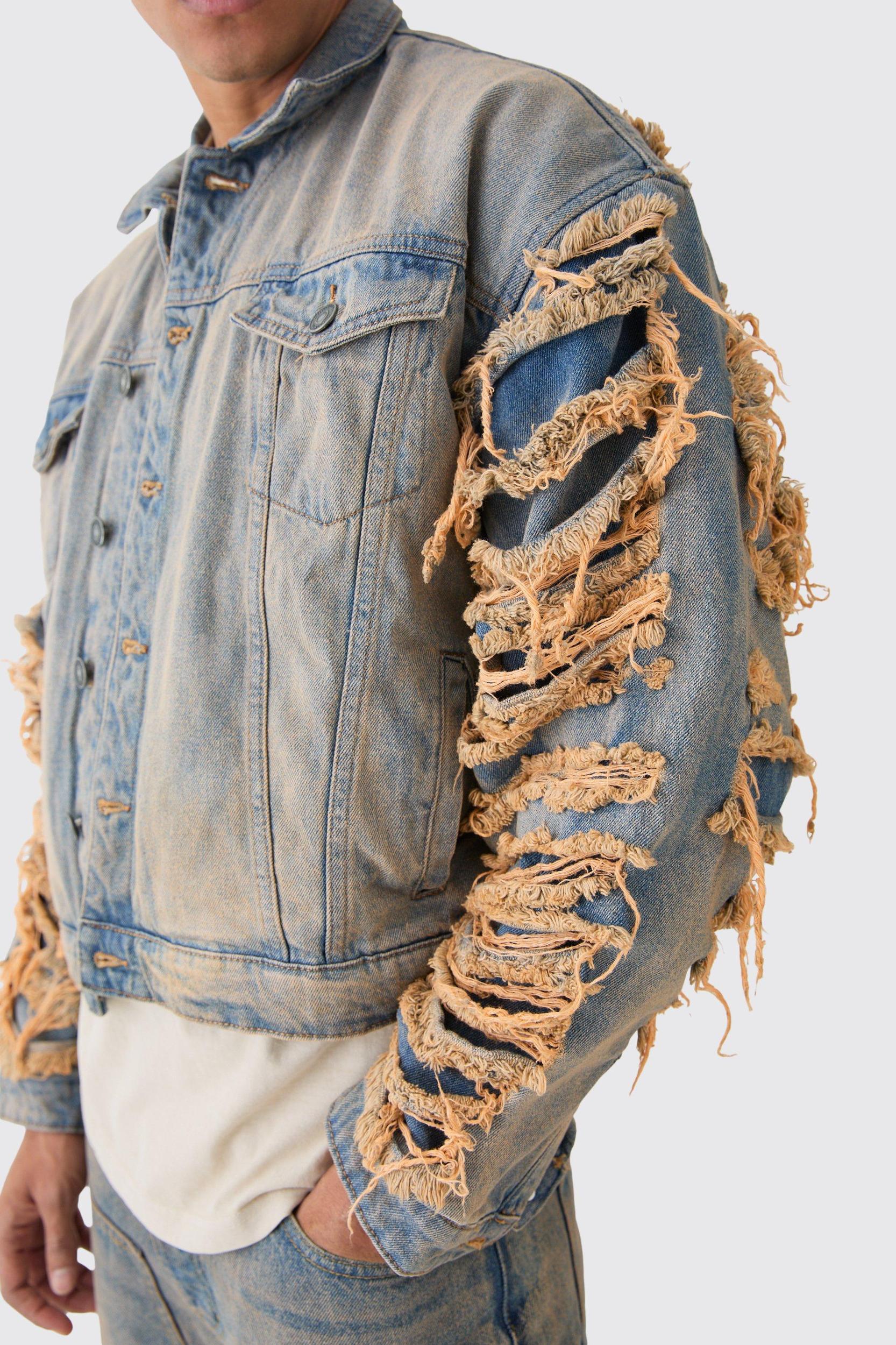 Boxy Fit Extreme Ripped Jean Jacket | boohooMAN USA Product Image
