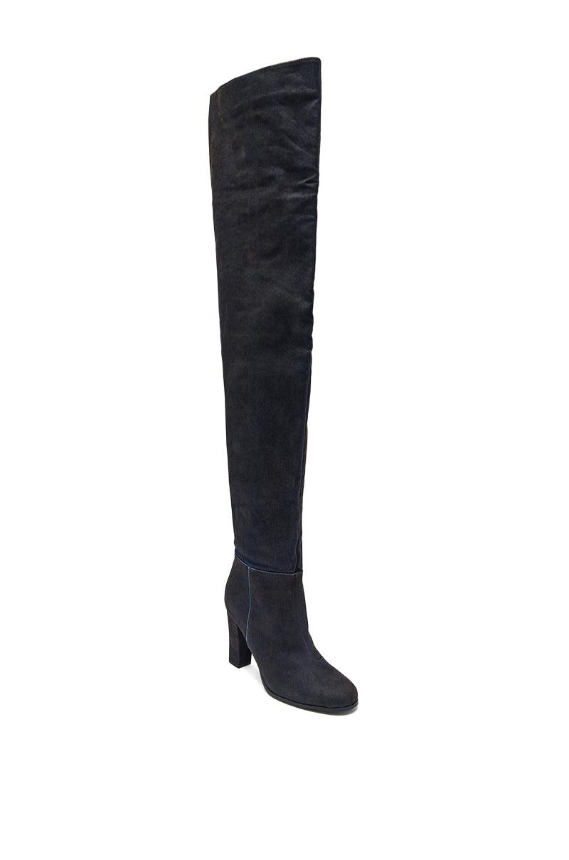 AZALEA WANG NANETTE BLACK DENIM SLOUCHY BLACK ROUND TOE CHUNKY BOOT Product Image