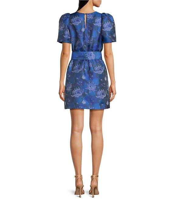 Abbey Glass Marty Floral Print Jacquard Round Neck Short Sleeve Shift Mini Dress Product Image