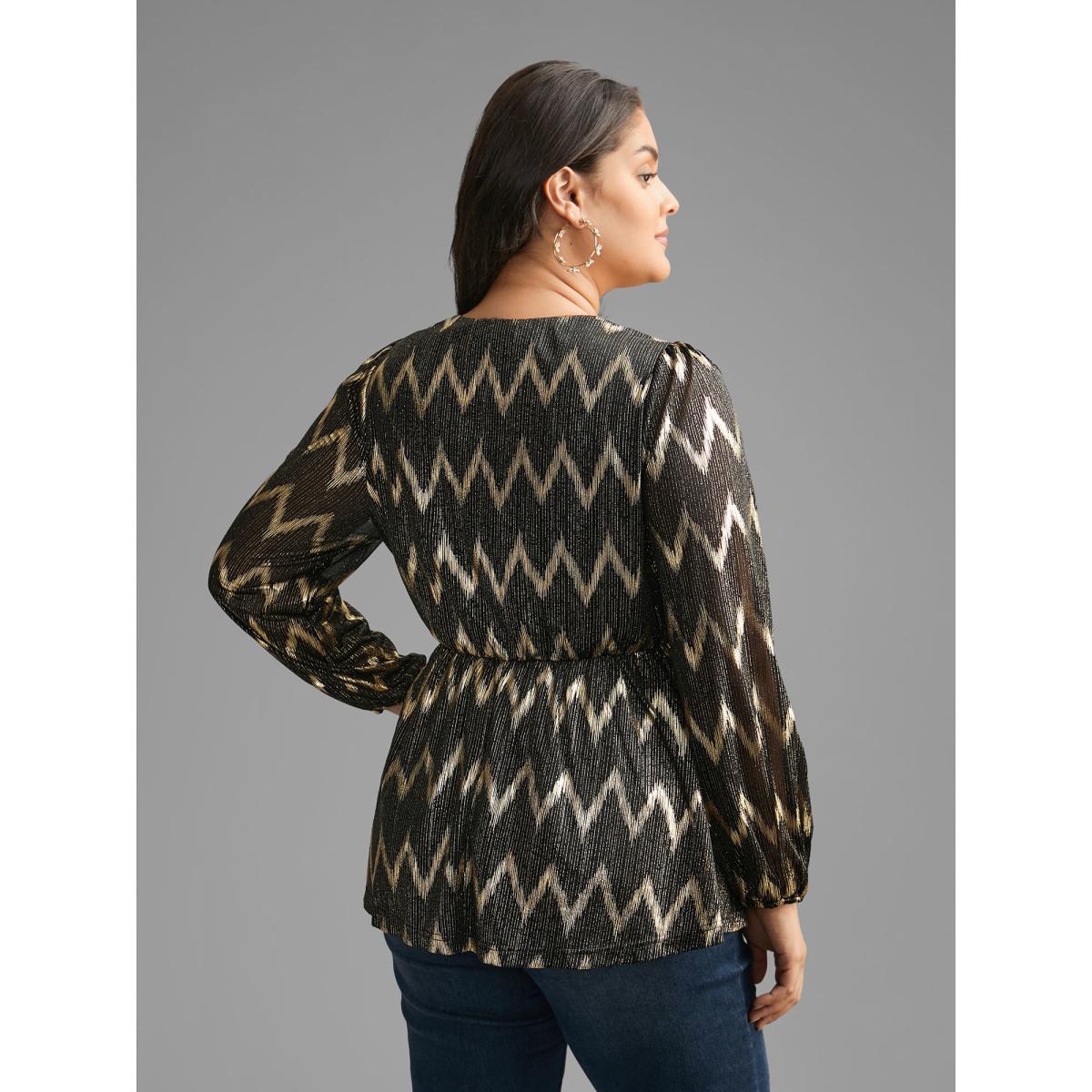 Plus Size Black Gold Shimmer Elastic Waist V-neck Blouse Women Cocktail Long Sleeve V-neck Party Blouses BloomChic 12/L Product Image