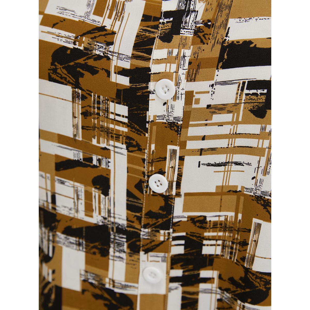 Plus Size Bronze Graphic Print Notched Button Detail Cuffed Sleeve Blouse Women Office Elbow-length sleeve Notched collar Office Blouses BloomChic 28/5X Product Image