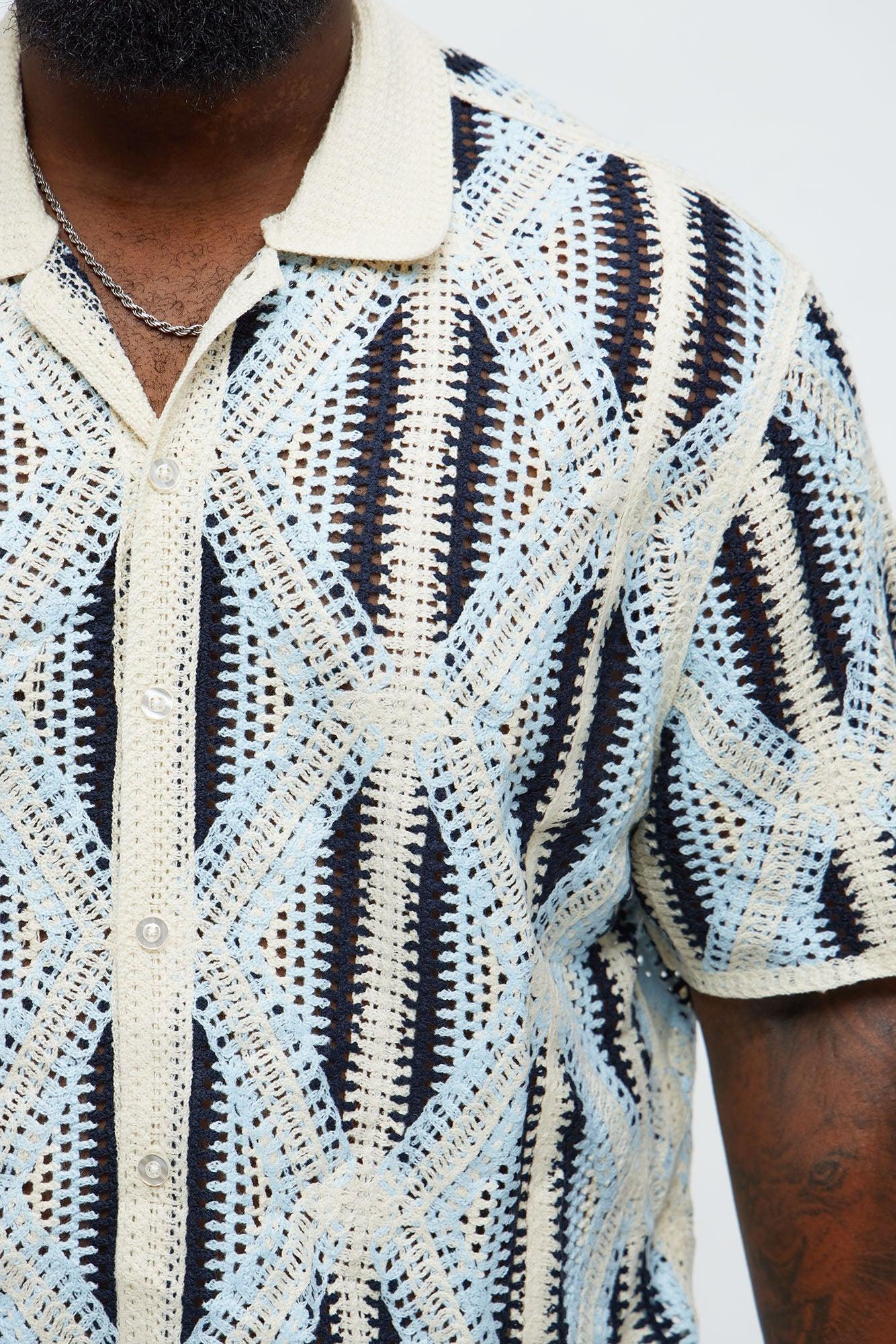 Cropped Relaxed Triangles Knit Closed Collar Shirt - Blue/combo Male Product Image