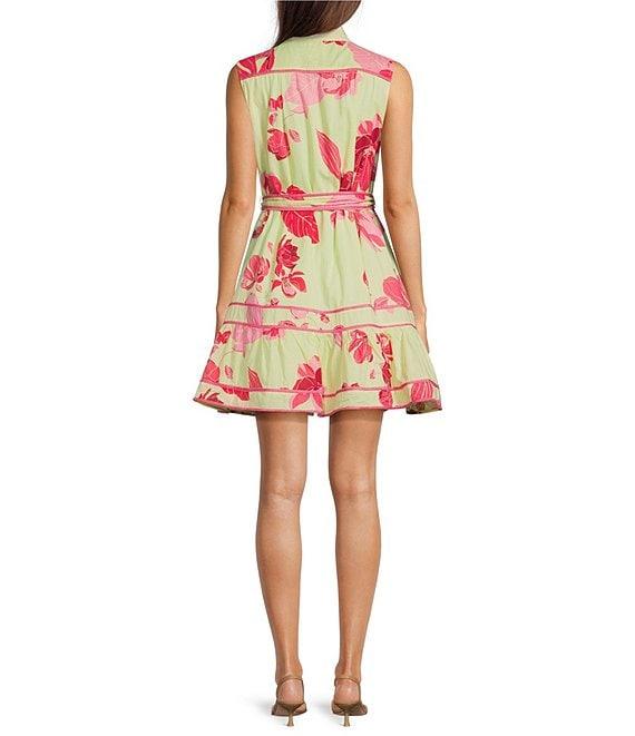 J.Marie Alara Floral Print Mock Neck Sleeveless Button Front Belted A-Line Dress Product Image