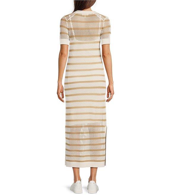 Le' AL.X Stripe Knit Wide Mesh Polo Collar V-Neck Short Sleeve Sheath Maxi Dress Product Image