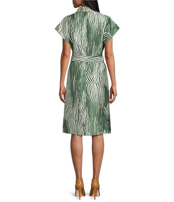 Preston & York Mae Mikado Sheath Button Front Belted Short Sleeve Zebra Print Dress Product Image