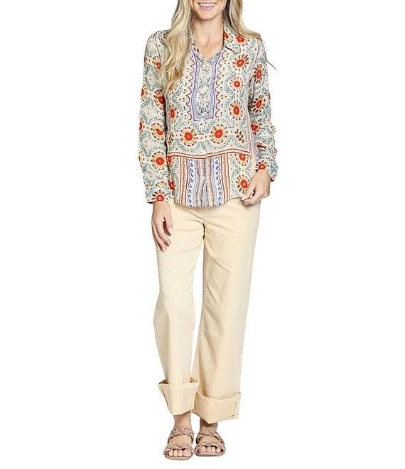 APNY Woven Printed Spread Collar Long Sleeve Blouse Product Image