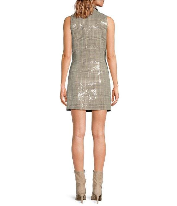 Skies Are Blue Sequin Plaid Print Notch Collar Neck Sleeveless Button Front Mini Blazer Dress Product Image