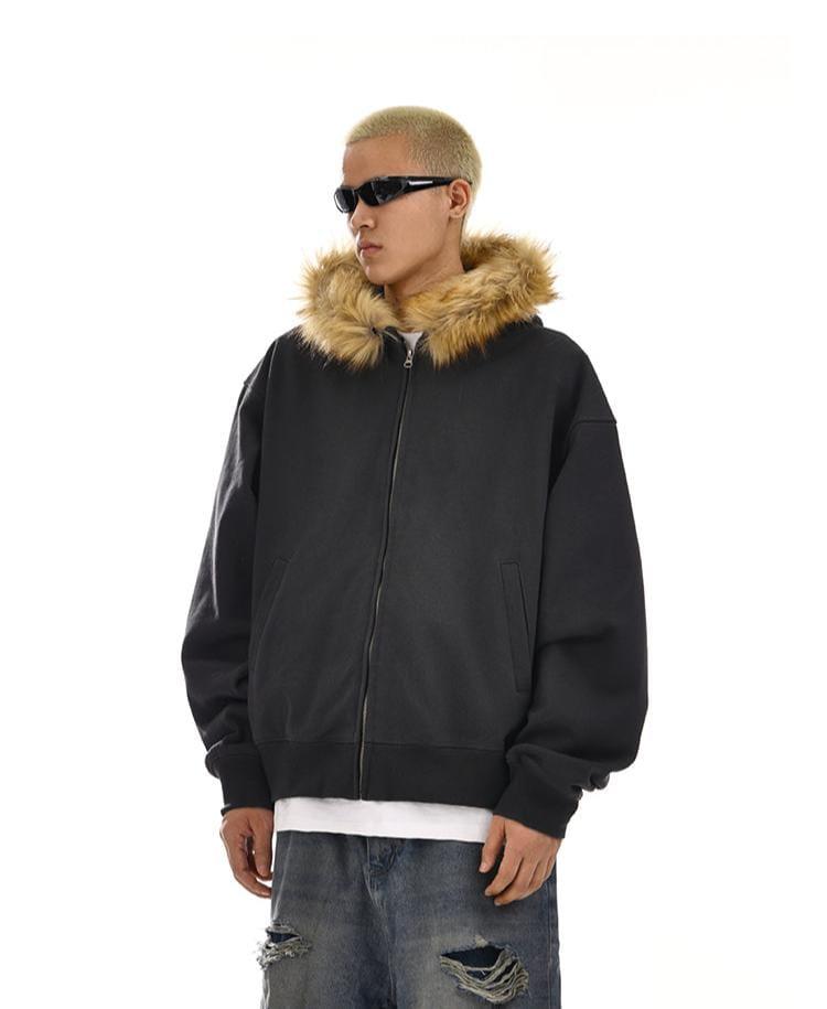 RT No. 12054 CARBON BLACK FUR ZIP-UP HOODIE Product Image