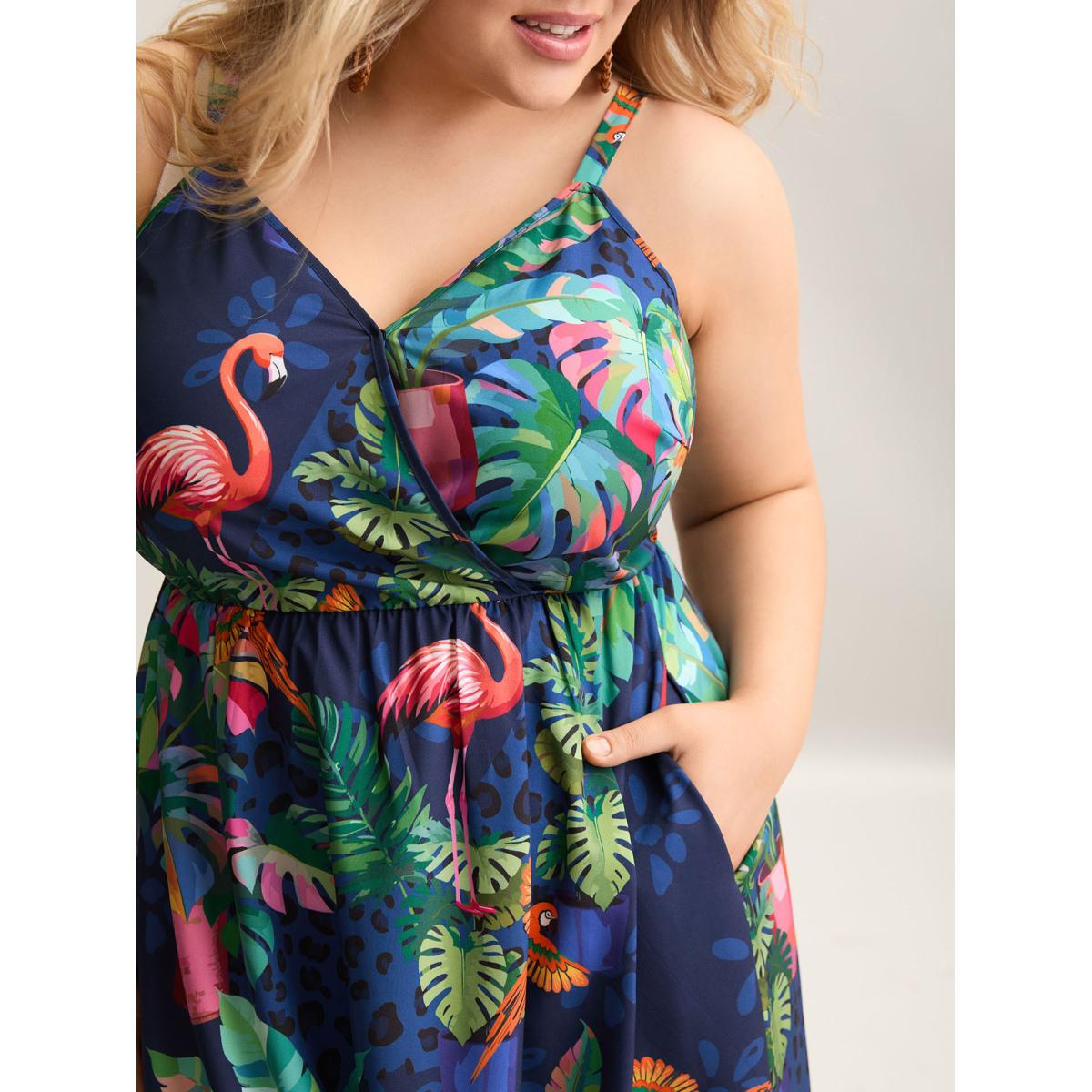 Plus Size Tropical Pattern Surplice Pockets Midi Dress DarkBlue Women Resort Non Overlap Collar Sleeveless Curvy BloomChic 26/4X Product Image