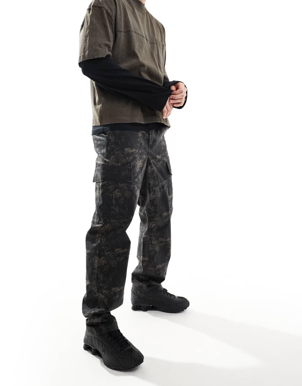 River Island baggy cargo pants in dark camo Product Image