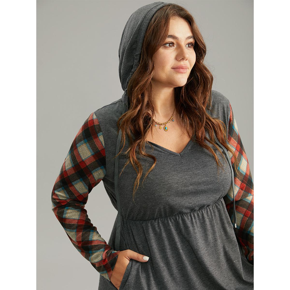 Plus Size Supersoft Essentials Hooded Plaid Patchwork Drawstring Dress DimGray Women Casual Printed Hooded Long Sleeve Curvy Midi Dress BloomChic 12/L Product Image