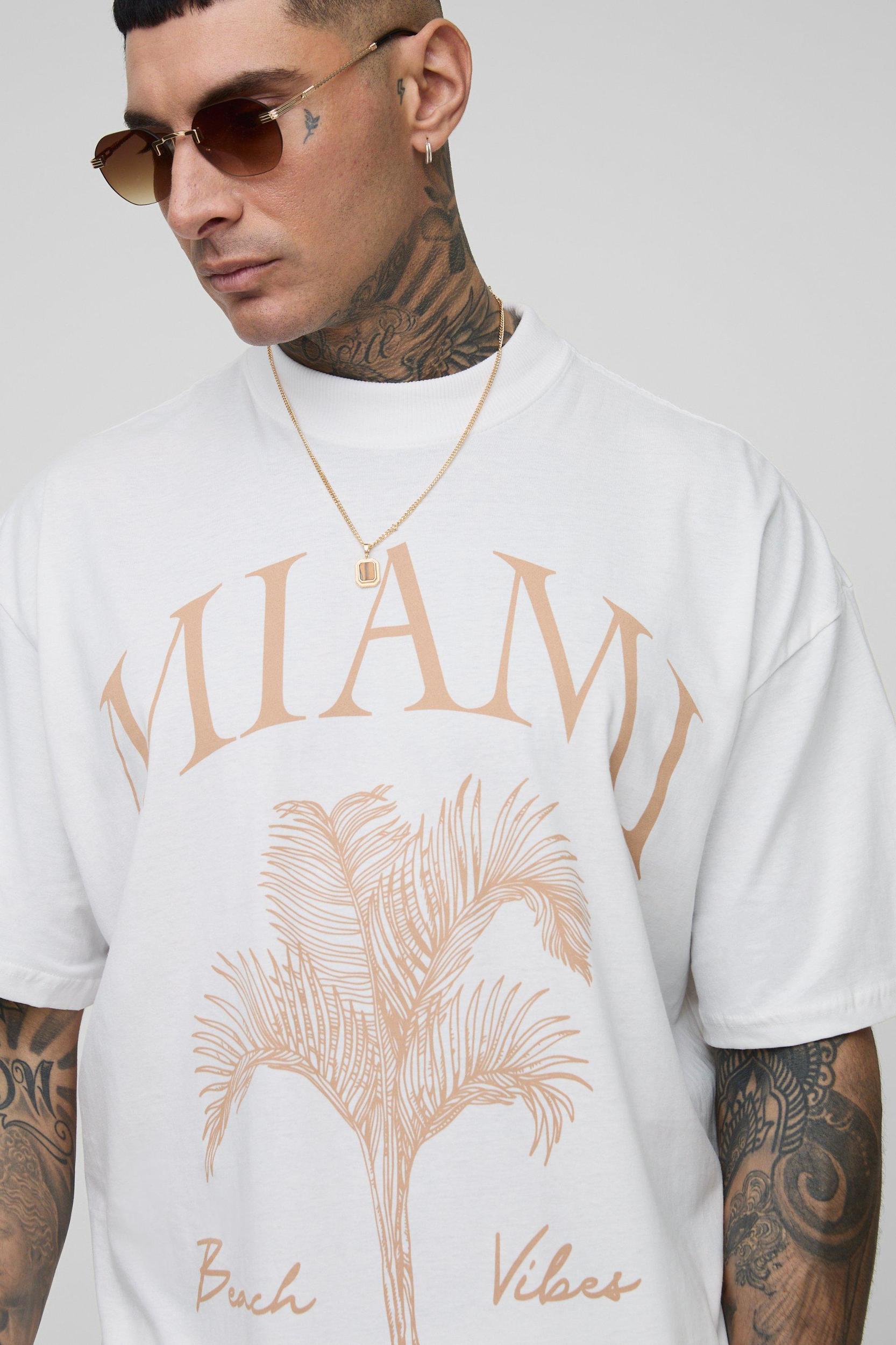 Tall Oversized Extended Neck Miami Palm Print T-Shirt | boohooMAN USA Product Image