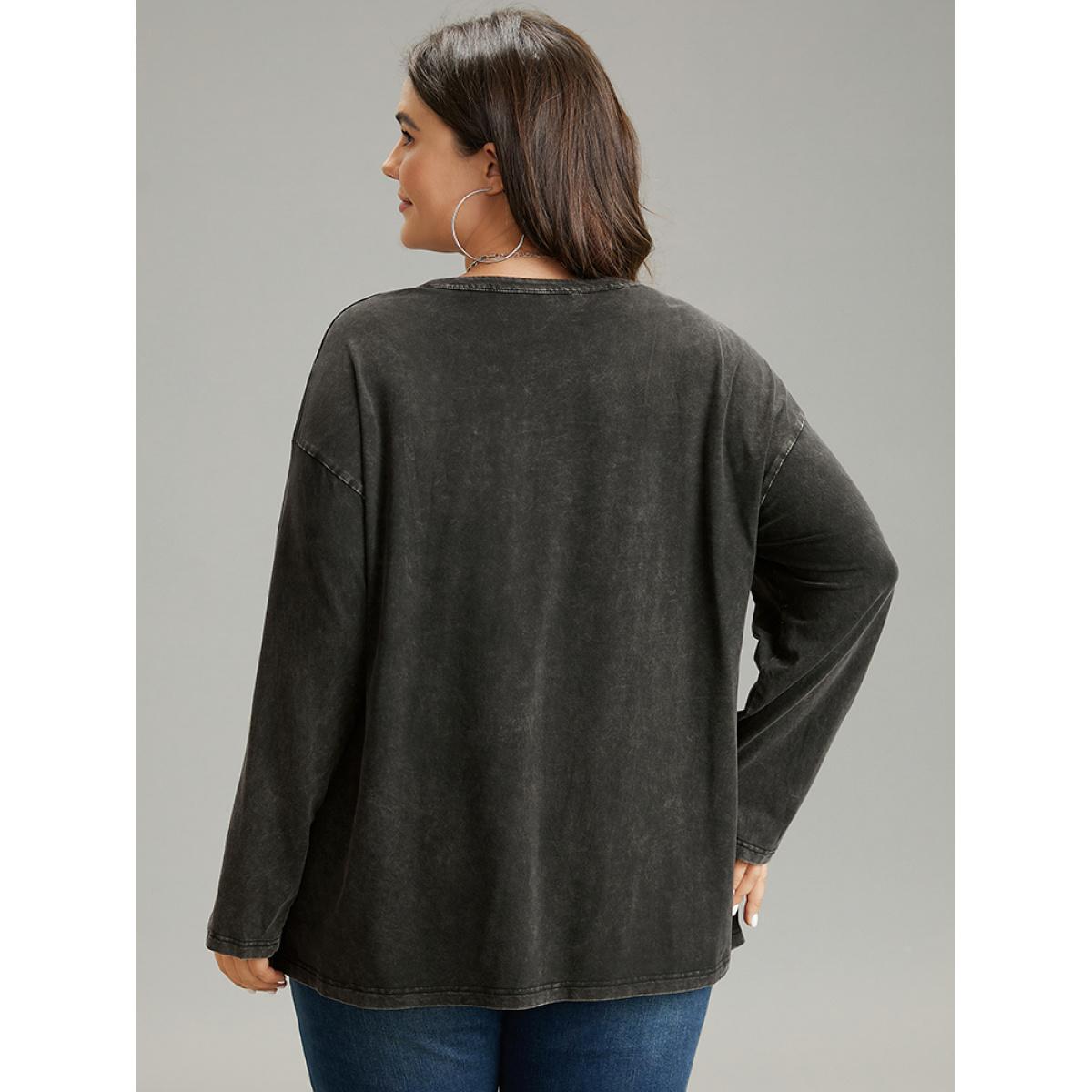 Plus Size Vintage Roll Tab Sleeve Button Up T-shirt Black Women Casual Plain Plain V-neck Dailywear T-shirts BloomChic 18-20/2X Product Image