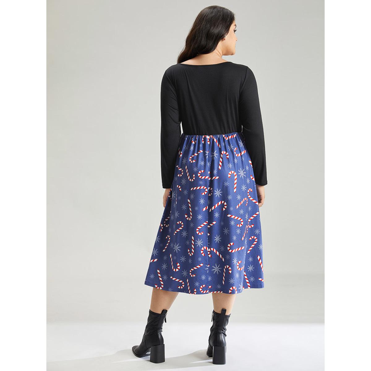 Plus Size Snowflake & Christmas Candy Print Pocket Ruched Dress DarkBlue Women Elegant Gathered Square Neck Long Sleeve Curvy Midi Dress BloomChic 30/6X Product Image