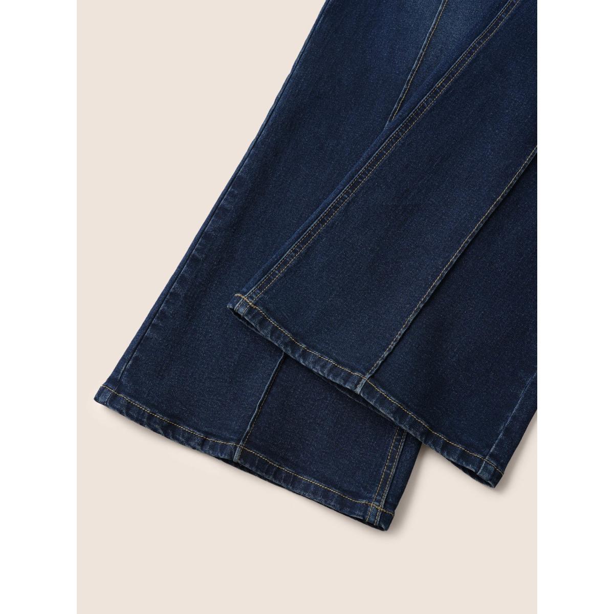 Plus Size Bootcut Seam Detail Button Up Full Length Jeans Women Indigo Casual Plain Non High stretch Slanted pocket Jeans BloomChic 20/2X Product Image