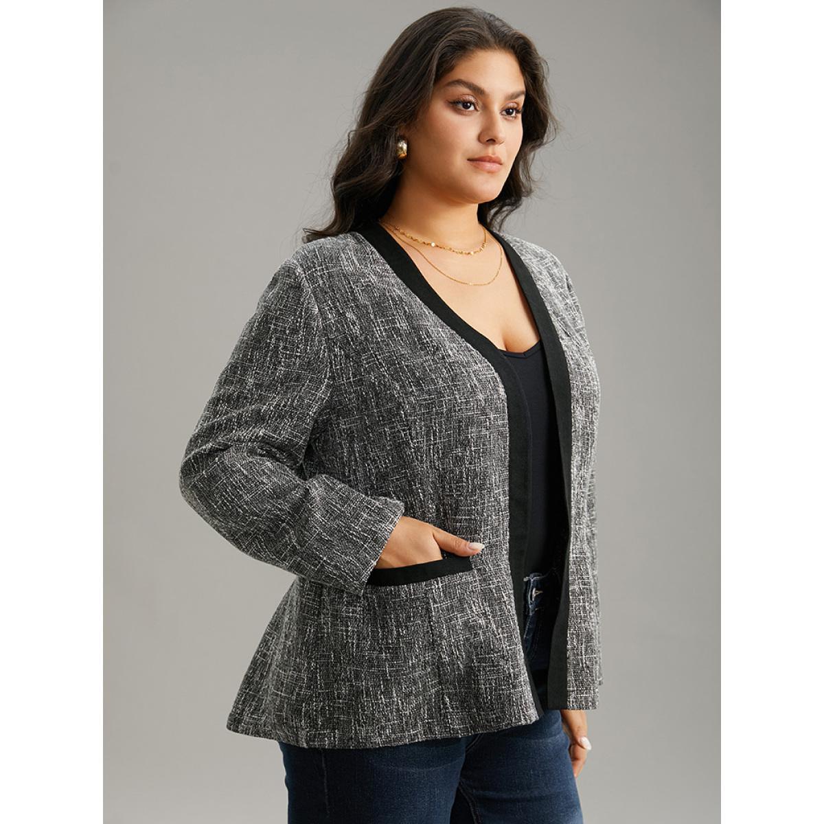Plus Size Tweed Contrast Trim Pocket Tweed Blazer Gray Women Dailywear Plain Contrast Sleeve Long Sleeve Open Front 18-20/2X Pocket Casual Blazers BloomChic Product Image