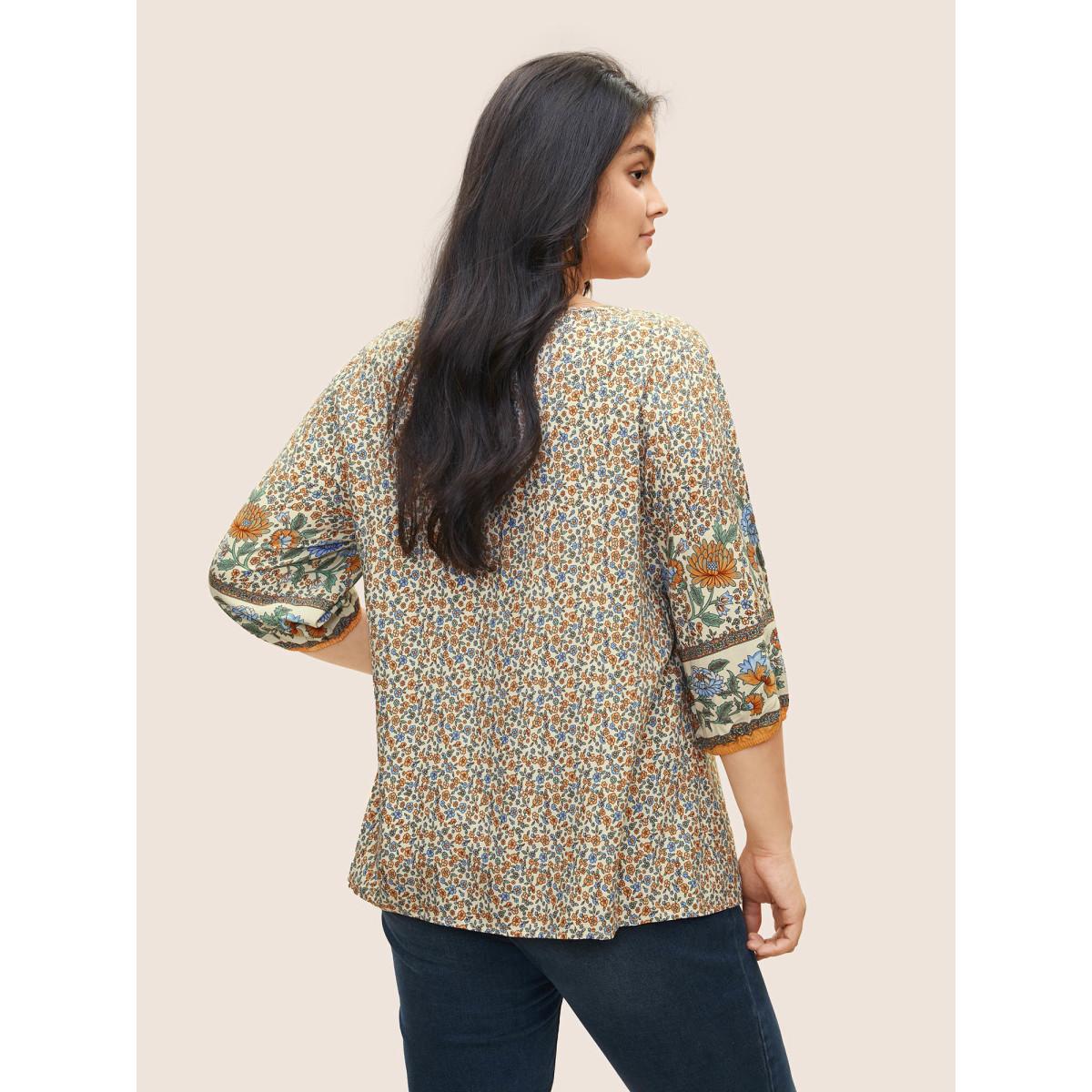 Plus Size Beige Boho Print Pleated Button Detail Tie Neck Blouse Women Resort Elbow-length sleeve Notched collar Vacation Blouses BloomChic 14-16/1X Product Image