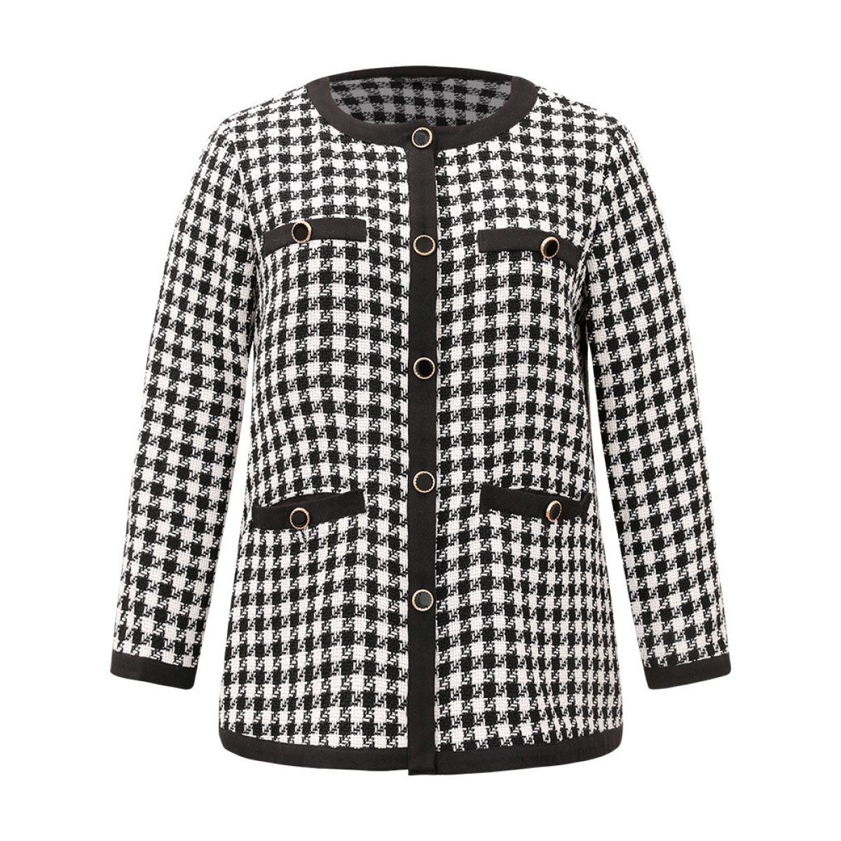 Plus Size Twill Houndstooth Button Detail Pocket Coat Women Black Elegant Texture Ladies Everyday Winter Coats BloomChic 28/5X Product Image