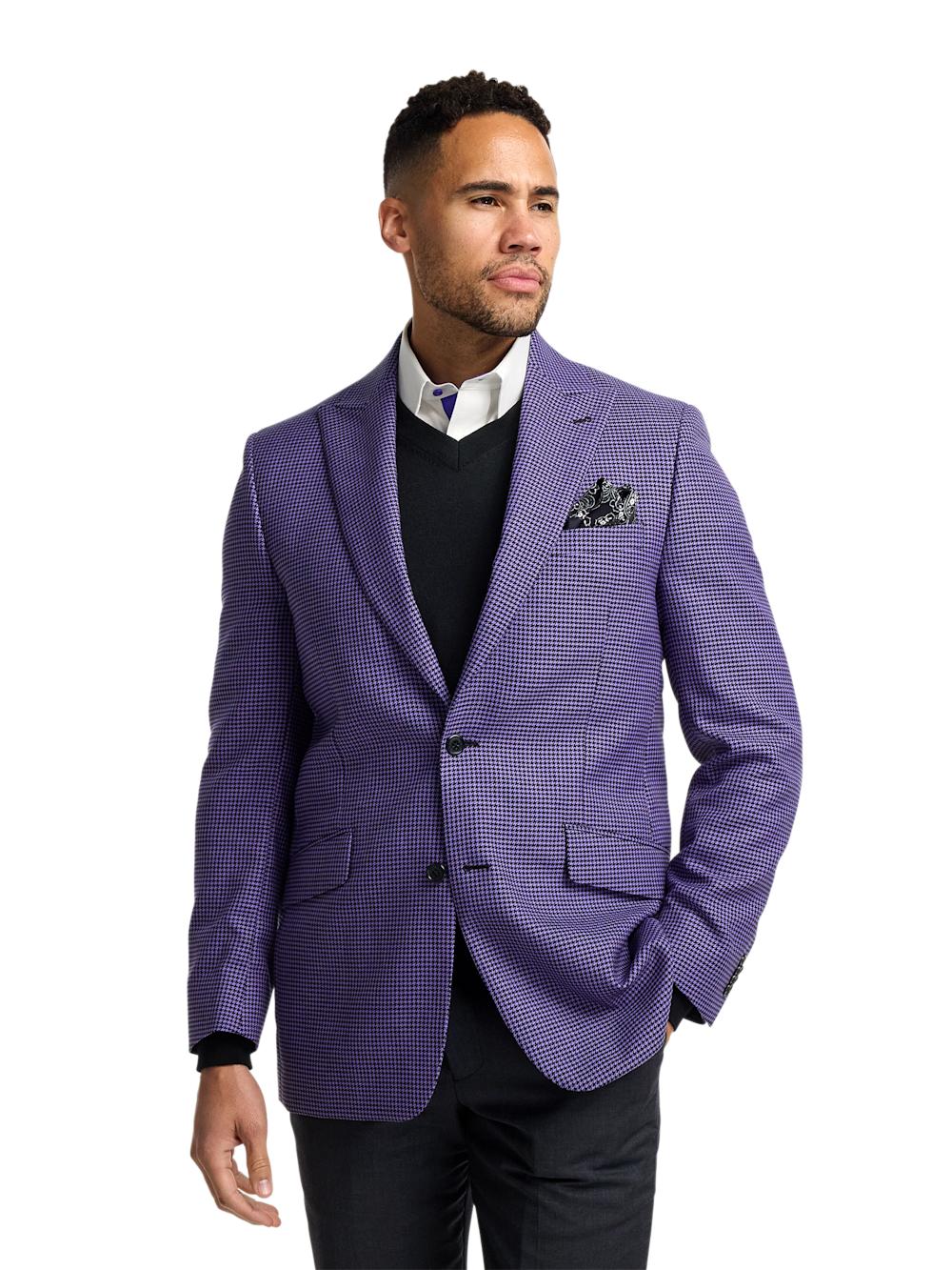 Wool Houndstooth Single Breasted Peak Lapel Sport Coat - Purple Product Image